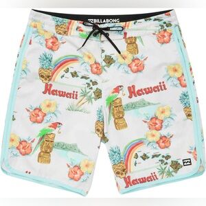 Billabong Men’s Board Shorts Sz 31 9” Hawaii Islands Print Surf Beach EUC